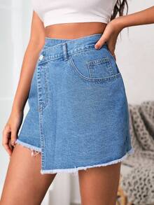 SHEIN Essnce 毛邊緣不對稱下擺牛仔半身裙 - 中等水洗藍 - 查看 5