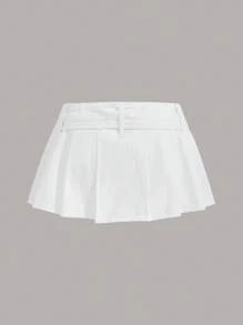 SHEIN ICON Solid Belted Denim Skirt - White - View 2