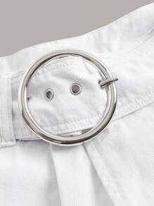SHEIN ICON Solid Belted Denim Skirt - White - View 4
