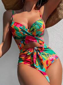 SHEIN Swim Summer Beach Tropical Print Push Up Bikini Set - Multicolor - View 1