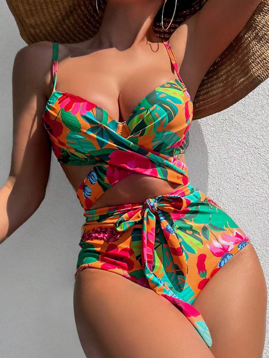 SHEIN Swim Summer Beach Tropical Print Push Up Bikini Set - Multicolor - View 1