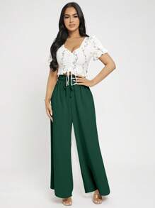 SHEIN PETITE Quần nữ Dây kéo Quần paper-bag màu trơn Giải trí - Màu xanh lá cây đậm - Xem 3