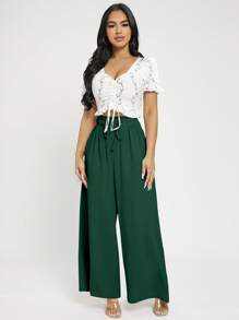 SHEIN PETITE Quần nữ Dây kéo Quần paper-bag màu trơn Giải trí - Màu xanh lá cây đậm - Xem 4