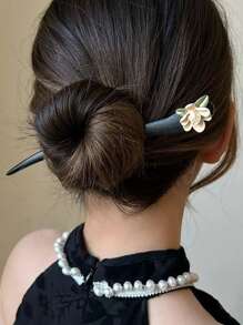 1入組女士花朵裝飾中式髮夾 - 黑與白 - 查看 1