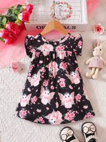 SHEIN Đầm em bé Xù Hoa Tất cả trên in - màu đen - Xem 1