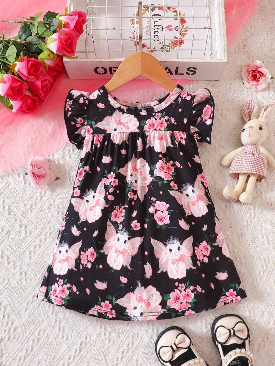 SHEIN Đầm em bé Xù Hoa Tất cả trên in - màu đen - Xem 1