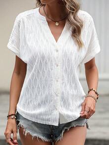 SHEIN LUNE Áo sơ mi nữ Nút phía trước màu trơn Giải trí - trắng - Xem 5