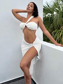 SHEIN SXY One Shoulder Crop Top & Twist Front Split Thigh Skirt - White - View 4