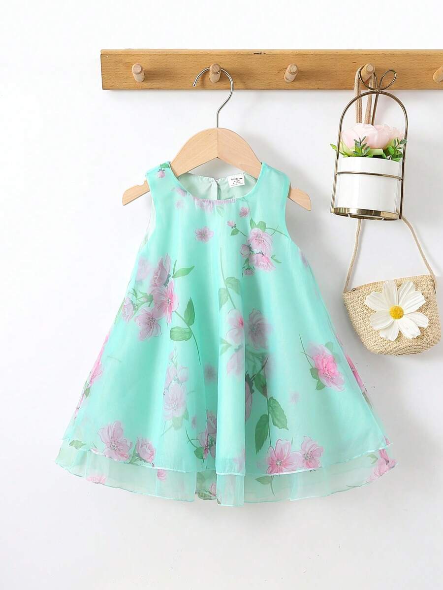 Elladie kids 波西米亞網拼接花卉印花嬰兒連衣裙 - 綠色 - 查看 1