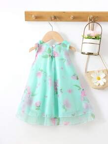 Elladie kids 波西米亞網拼接花卉印花嬰兒連衣裙 - 綠色 - 查看 2