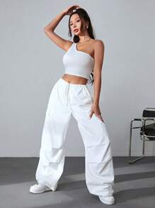 SHEIN EZwear 單肩短款上衣和腰部抽繩側翻蓋口袋工裝褲