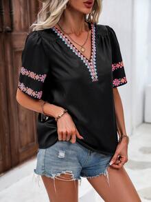 SHEIN LUNE 幾何印花泡泡袖襯衫 - 黑色 - 查看 5