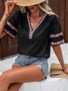 SHEIN LUNE 幾何印花泡泡袖襯衫 - 黑色 - 查看 6