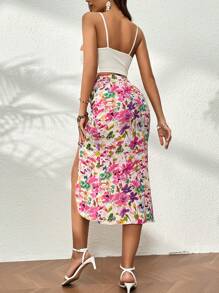 SHEIN VCAY Floral Print Drawstring Split Thigh Skirt - Multicolor - View 2