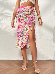 SHEIN VCAY Floral Print Drawstring Split Thigh Skirt - Multicolor - View 3