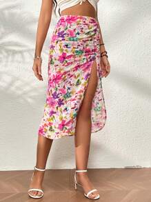 SHEIN VCAY Floral Print Drawstring Split Thigh Skirt - Multicolor - View 5