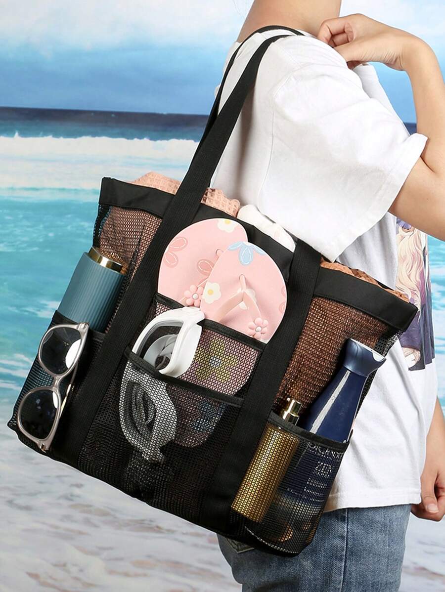 1入時尚沙灘包，大容量網紗浴袋休閑旅行洗漱袋，適用於少女、女性、大學生、老師、男孩和男士，容量大、防水、輕巧、便攜、可摺疊，完美適用於辦公室、大學、小學、中學、工作、商務、通勤、戶外、旅行、遠足、體育場館、運動、購物、假日、海灘使用 - 黑色 - 查看 1
