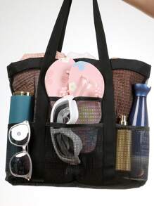 1入時尚沙灘包，大容量網紗浴袋休閑旅行洗漱袋，適用於少女、女性、大學生、老師、男孩和男士，容量大、防水、輕巧、便攜、可摺疊，完美適用於辦公室、大學、小學、中學、工作、商務、通勤、戶外、旅行、遠足、體育場館、運動、購物、假日、海灘使用 - 黑色 - 查看 2