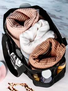 1入時尚沙灘包，大容量網紗浴袋休閑旅行洗漱袋，適用於少女、女性、大學生、老師、男孩和男士，容量大、防水、輕巧、便攜、可摺疊，完美適用於辦公室、大學、小學、中學、工作、商務、通勤、戶外、旅行、遠足、體育場館、運動、購物、假日、海灘使用 - 黑色 - 查看 3