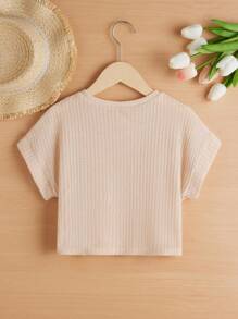 SHEIN Tween Girls' Knitted Solid Color Loose Fit Short Sleeve T-Shirt With Round Neckline - Apricot - View 2