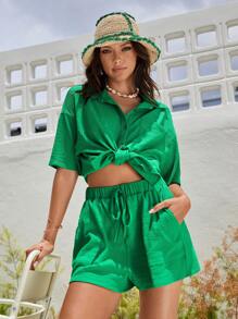 Soleia Drop Shoulder Pocket Patched Shirt & Knot Waist Shorts - Green - View 6