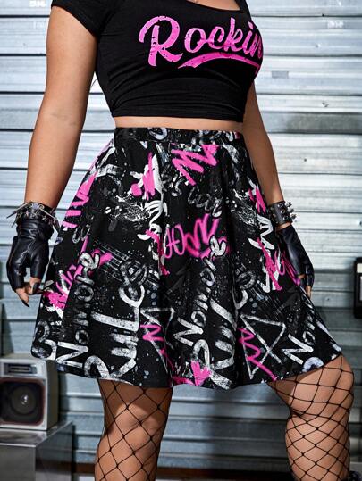 تنورة واسع من الاسفل موسيقى الروك بطباعة غرافيتي بدون حزام مقاس كبير