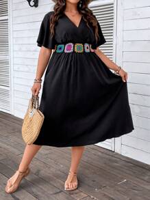 Breezaya 大碼花卉圖案勾織拼接蝴蝶袖洋裝 - 黑色 - 查看 6