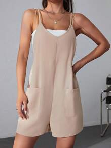 SHEIN EZwear Áo liền quần nữ Túi màu trơn Giải trí - Lạc đà - Xem 1