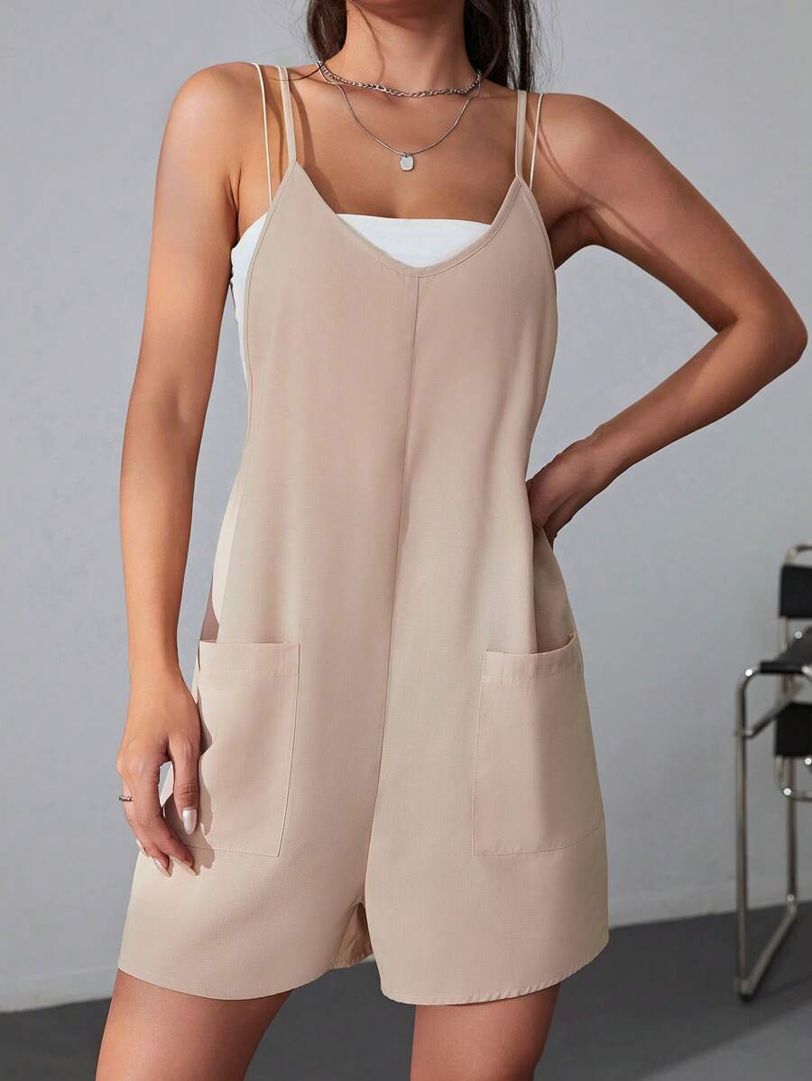 SHEIN EZwear Áo liền quần nữ Túi màu trơn Giải trí - Lạc đà - Xem 1