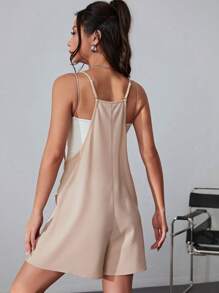 SHEIN EZwear Áo liền quần nữ Túi màu trơn Giải trí - Lạc đà - Xem 2