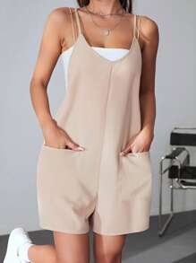 SHEIN EZwear Áo liền quần nữ Túi màu trơn Giải trí - Lạc đà - Xem 3