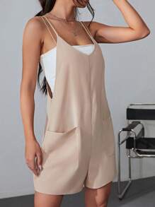 SHEIN EZwear Áo liền quần nữ Túi màu trơn Giải trí - Lạc đà - Xem 4