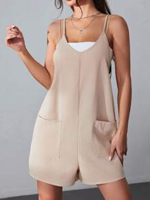SHEIN EZwear Áo liền quần nữ Túi màu trơn Giải trí - Lạc đà - Xem 7