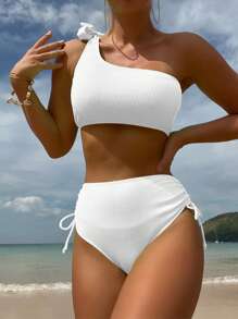SHEIN Swim 羅紋單肩高腰比基尼泳裝 - 白色 - 查看 3