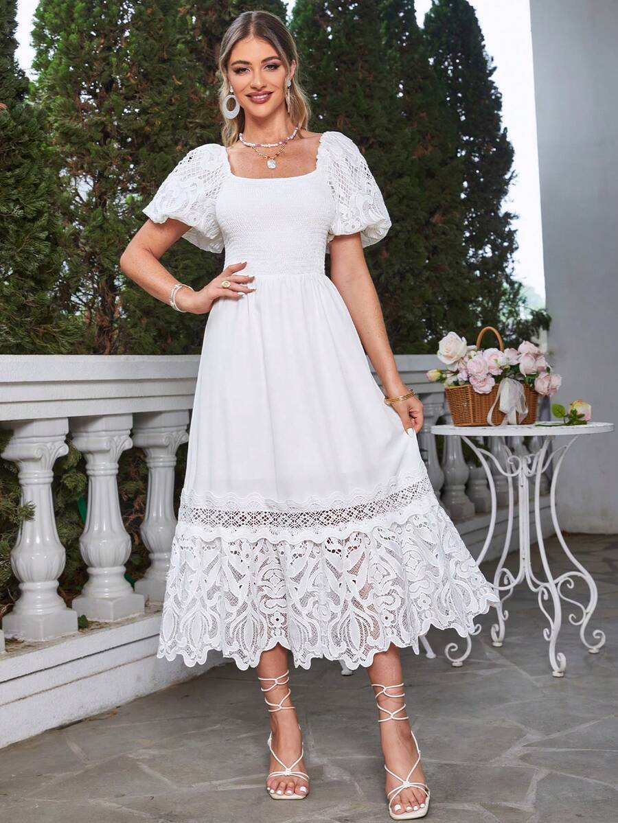 Simplee Square Neck Puff Sleeve Guipure Lace Panel Ruffle Hem Dress - White - View 1