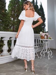 Simplee Square Neck Puff Sleeve Guipure Lace Panel Ruffle Hem Dress - White - View 2
