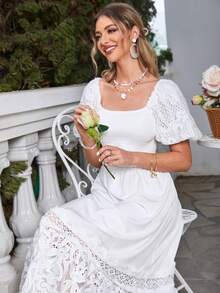 Simplee Square Neck Puff Sleeve Guipure Lace Panel Ruffle Hem Dress - White - View 3