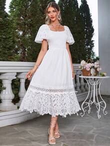 Simplee Square Neck Puff Sleeve Guipure Lace Panel Ruffle Hem Dress - White - View 4