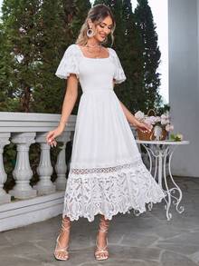 Simplee Square Neck Puff Sleeve Guipure Lace Panel Ruffle Hem Dress - White - View 5