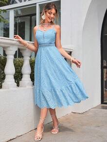 Simplee Eyelet Embroidery Ruffle Hem Cami Dress - Blue - View 3
