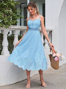 Simplee Eyelet Embroidery Ruffle Hem Cami Dress - Blue - View 5