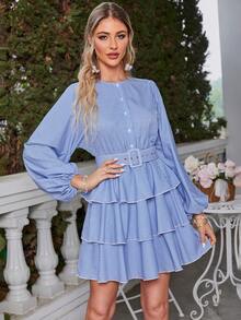 Simplee 燈籠袖層疊下擺繫腰帶洋裝 - 藍色 - 查看 5