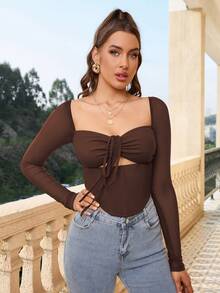 PARTHEA 抽繩胸部褶皺前鏤空網紗上衣 - 巧克力棕 - 查看 5