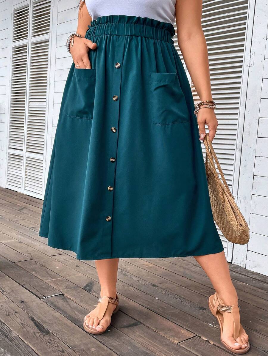 EMERY ROSE Plus Paperbag Waist Pocket Patched Button Front Skirt - Green - View 1