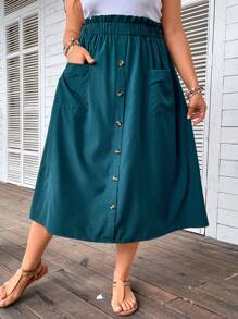 EMERY ROSE Plus Paperbag Waist Pocket Patched Button Front Skirt - Green - View 4