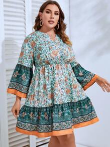 SHEIN Unity 大碼印花缺口領荷葉邊洋裝 - 綠色 - 查看 6