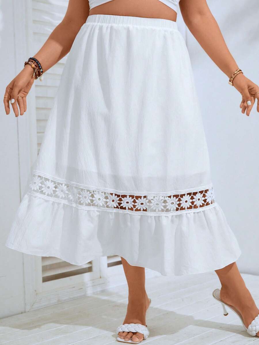 SHEIN SunnyBelle Falda con encaje en contraste bajo con fruncido - Blanco - Ver 1