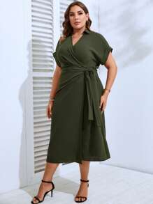 SHEIN LUNE Plus Solid Wrap Knot Side Dress - Army Green - View 3