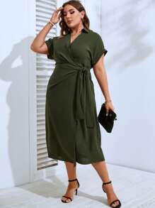 SHEIN LUNE Plus Solid Wrap Knot Side Dress - Army Green - View 6