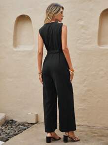 SHEIN LUNE Solid V Neck Button Front Wide Leg Belted Jumpsuit - Black - View 2